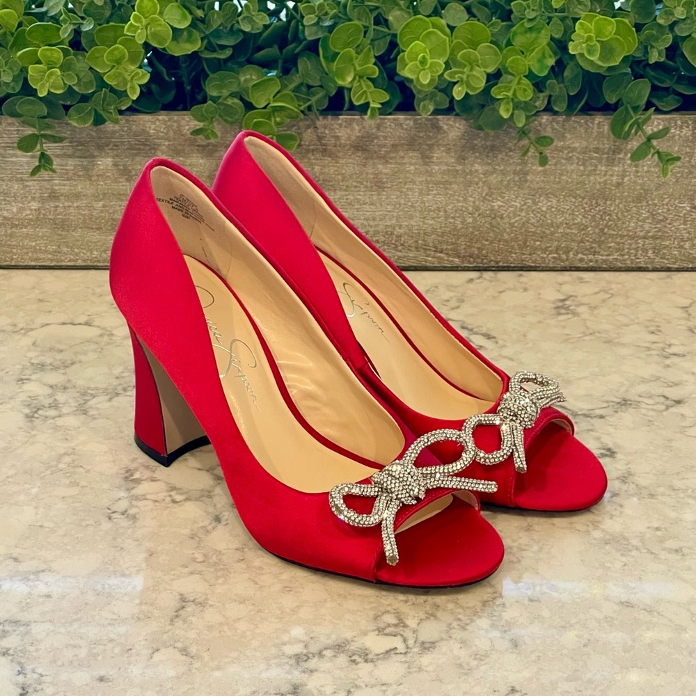 Elegant Red Peep-Toe Heels with Rhinestone Bow